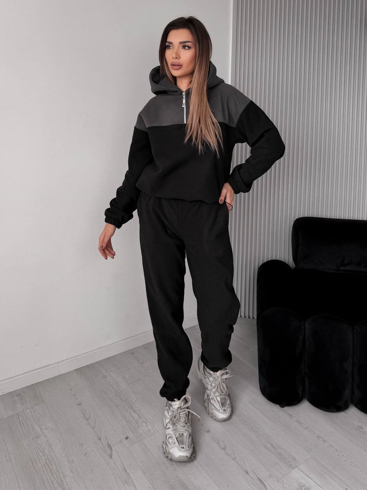 Damen Zweiteiliges Farbblock-Loungewear-Set mit halbem Reißverschluss und schmaler Jogginghose – Avérine
