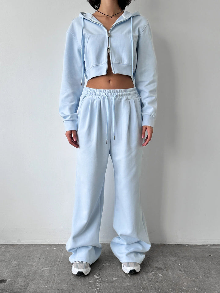 Damen Kurzes Zip-Kapuzen-Set mit taillenhoher weiter Loungehose – Auréline