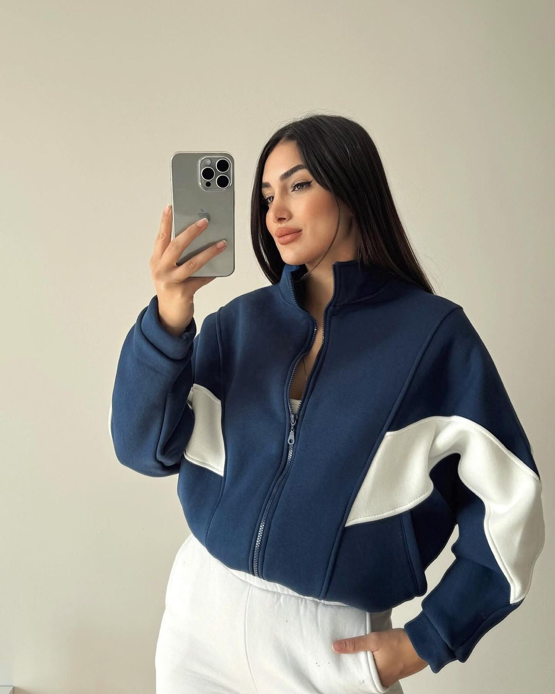 Damen Kurz geschnittener Stehkragen-Reißverschluss-Hoodie im Colorblock-Sportstyle Echoarchiv