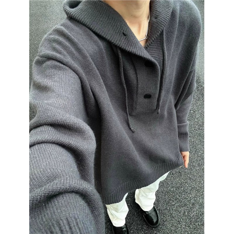 Herren lässiger Kapuzenpullover mit Knopfleiste und dickerer Strickstruktur Echoarchiv
