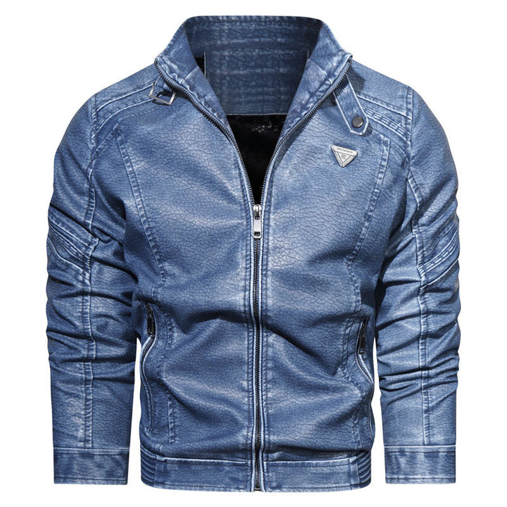 Herren Denim‑Optik Bikerblouson mit strukturierter Oberfläche und Stehkragen – Brevano