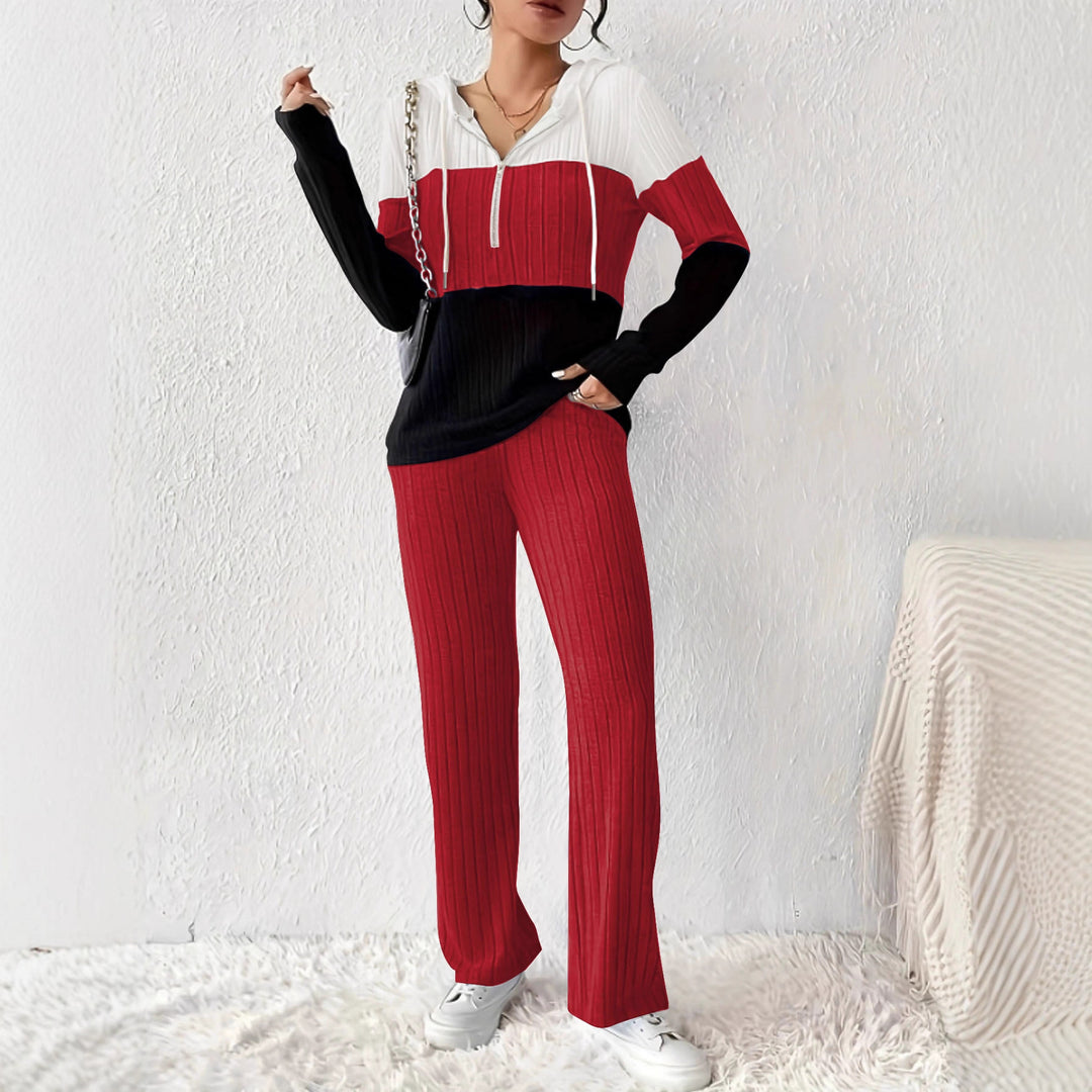 Damen Geripptes Lounge-Set mit Kapuzen-Halfzip und weitem Palazzo-Strickhose – Élanora