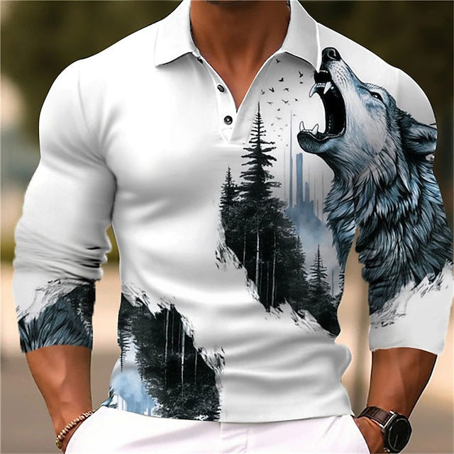Herren Langarmshirt mit kreativem Wolf-Design und Baum-Muster Echoarchiv