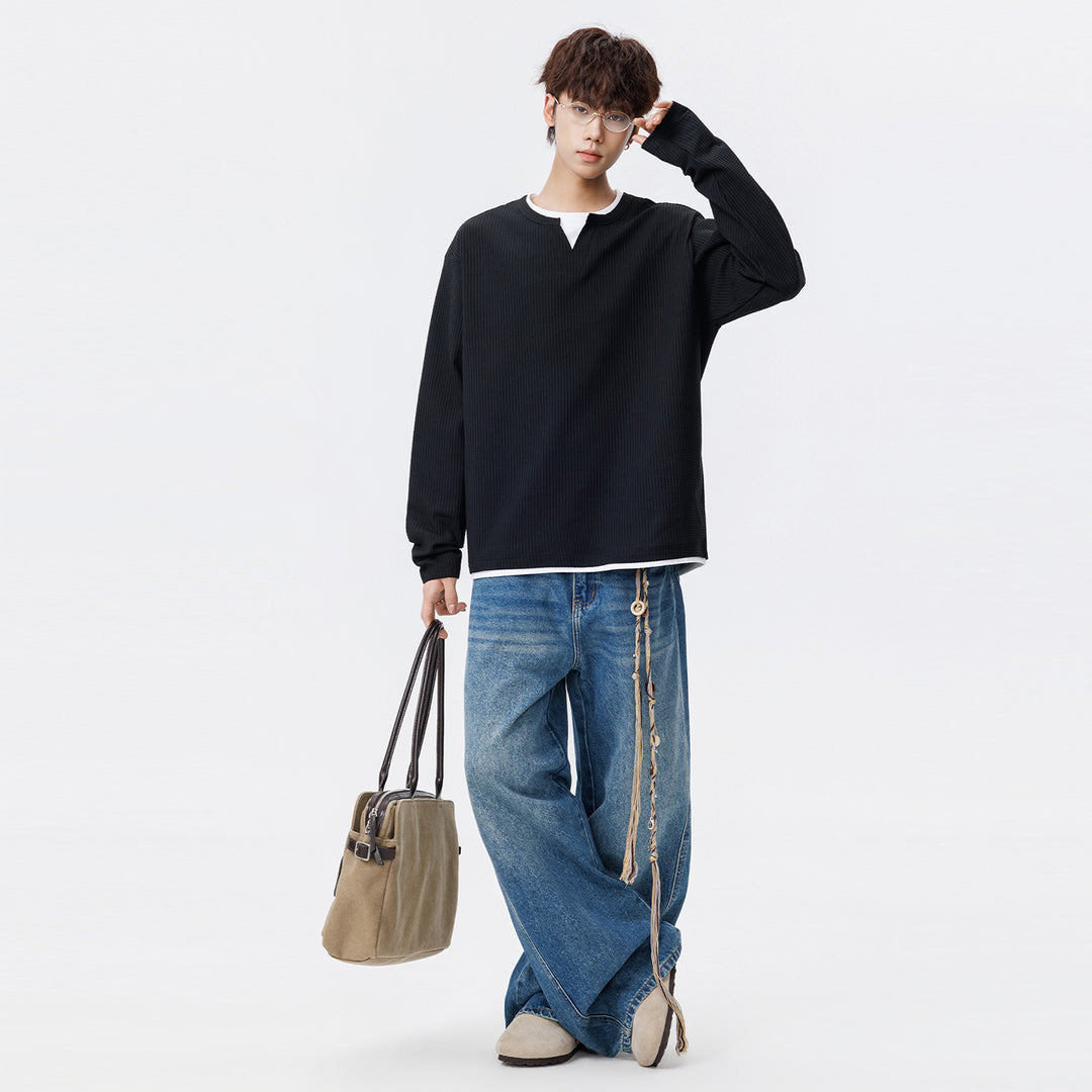 Herren Oversized Waffelstruktur-Sweatshirt mit V-Ausschnitt und Lagenoptik Echo Archiv