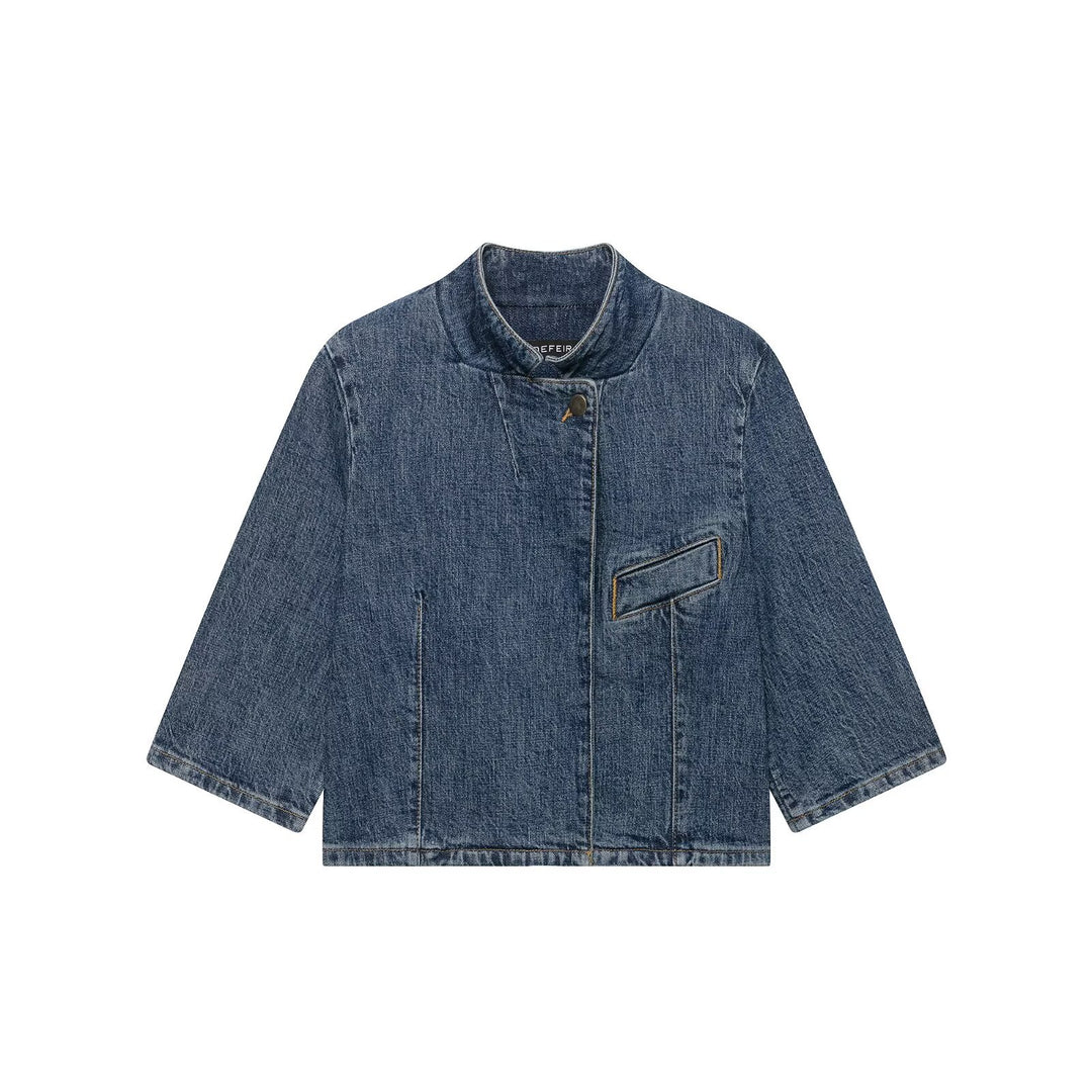 Damen Cropped Denim Cape‑Jacke mit Stehkragen, kastiger Silhouette und 3/4‑Ärmeln Echo Archiv
