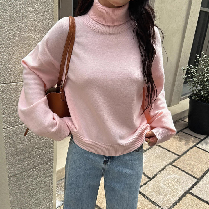 Damen oversize Rollkragenpullover mit breitem Rippkragen, voluminösen Ballonärmeln und verlängertem Bündchen – Mavelle