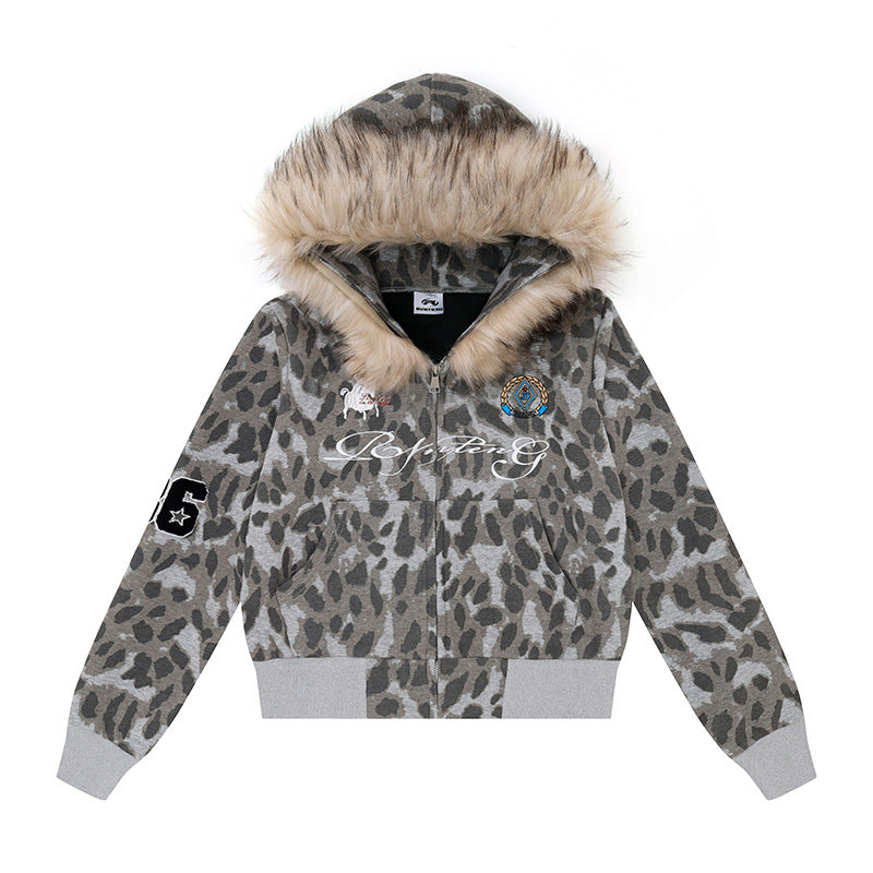 Damen Kapuzen-Sweatjacke mit Kunstfellbesatz, Leo-Allover und Reißverschluss Echoarchiv