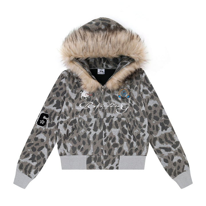 Damen Kapuzen-Sweatjacke mit Kunstfellbesatz, Leo-Allover und Reißverschluss Echoarchiv