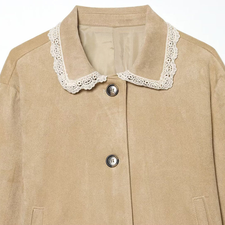 Damen Kurzjacke in Wildlederoptik mit gehäkeltem Kragen und Spitzenbesatz Echo Archiv