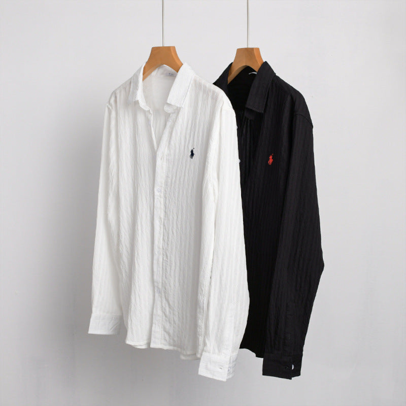 Herren Leichtes Baumwoll-Langarmhemd im Layering‑Stil mit feiner Crinkle‑Struktur und Kentkragen Echoarchiv