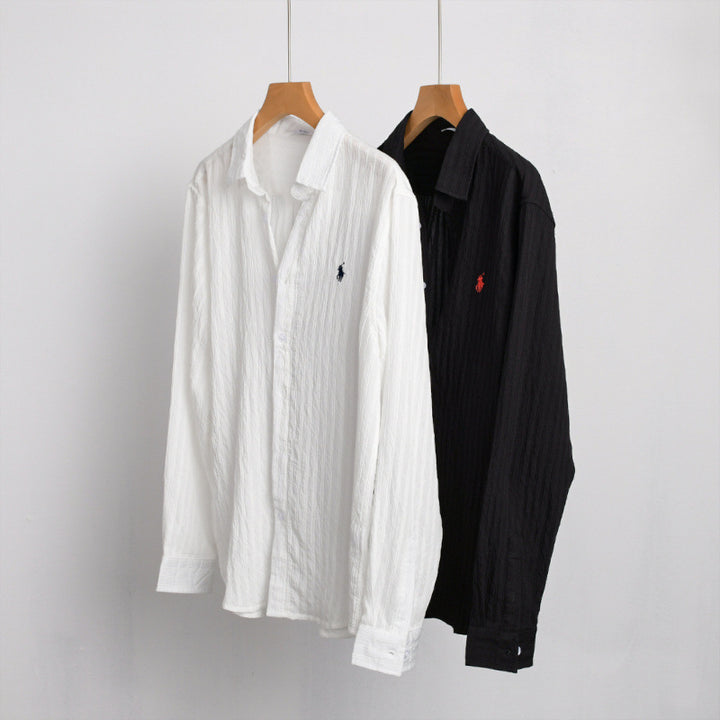 Herren Leichtes Baumwoll-Langarmhemd im Layering‑Stil mit feiner Crinkle‑Struktur und Kentkragen Echoarchiv