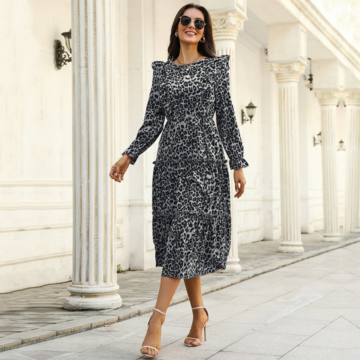 Damen Stufen-Midikleid mit Volantrock, Leo‑Print und elastischen Ärmelabschlüssen Echoarchiv