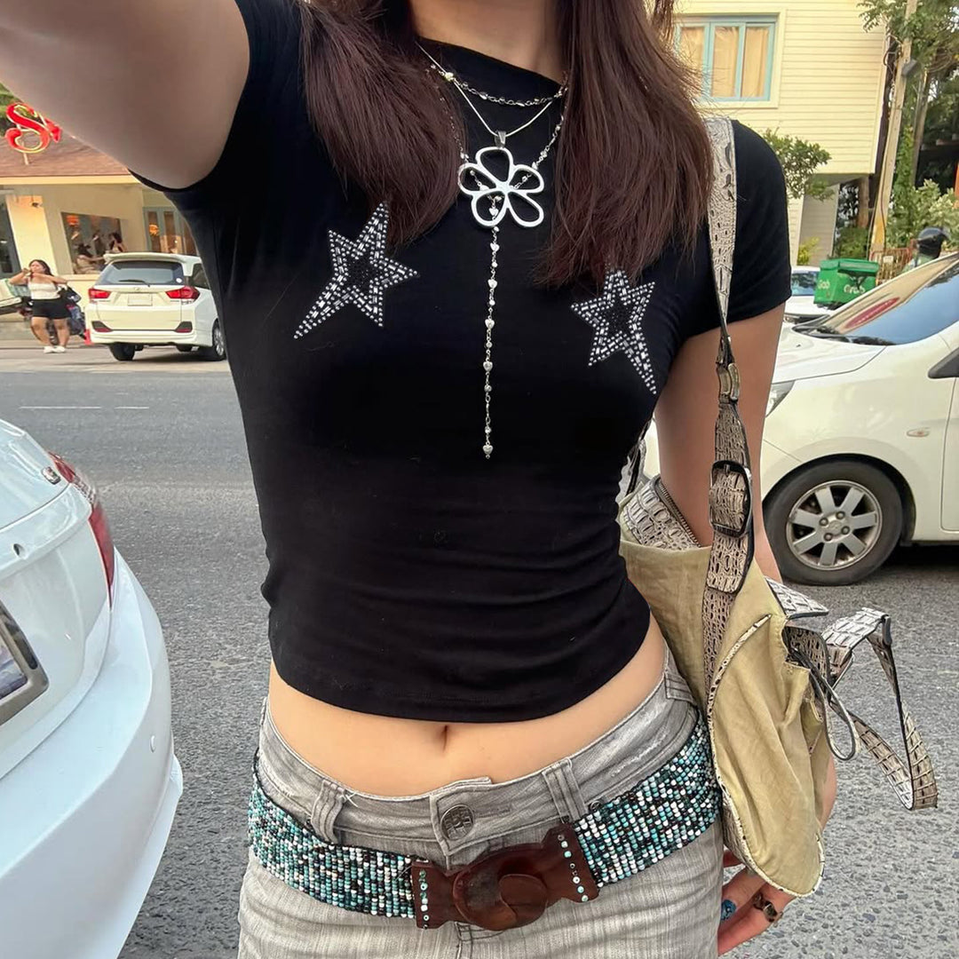 Damen Crop-Top mit glamourösen Sternenapplikationen Echo Archiv