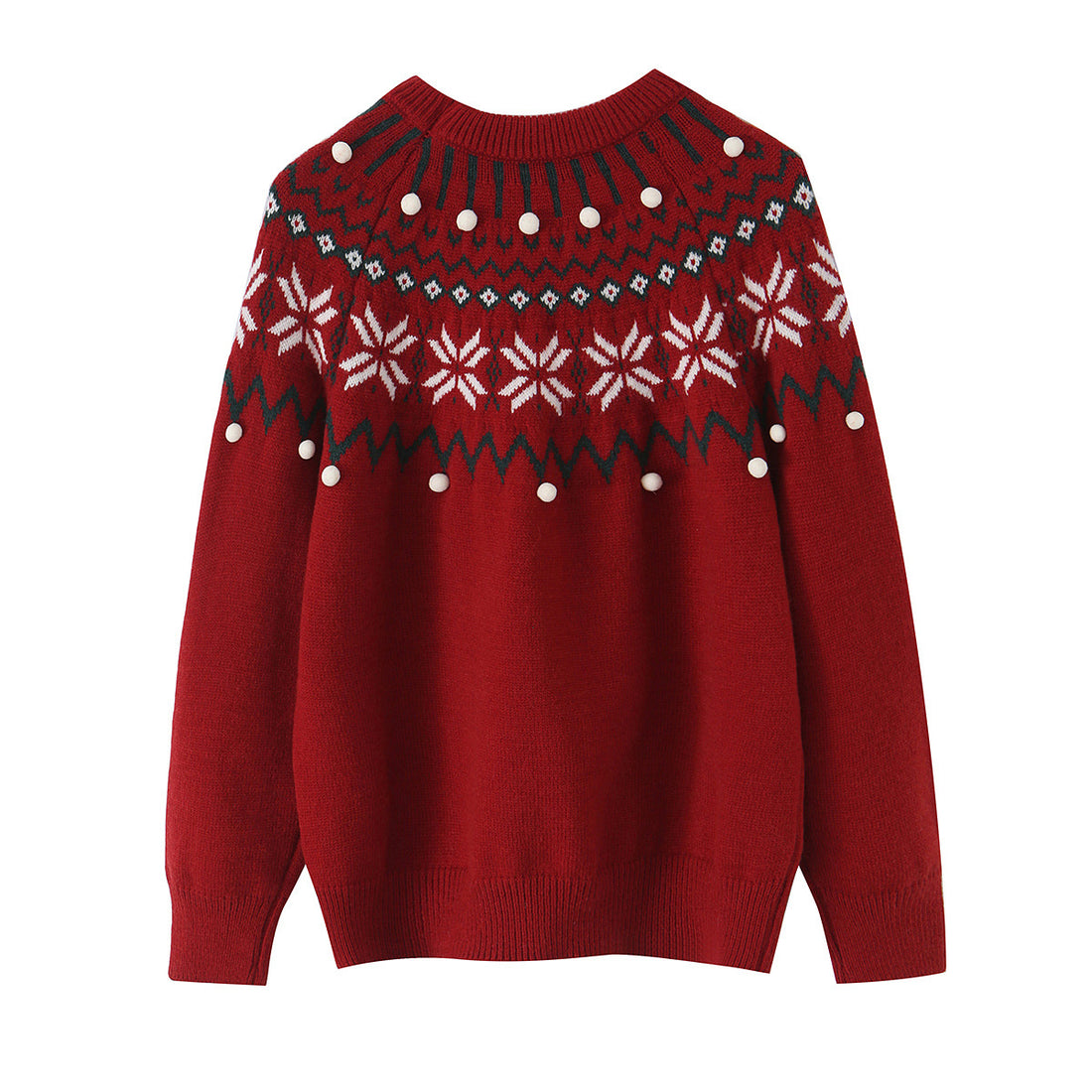 Damen Norwegermuster-Strickpullover mit Rundhalsausschnitt und dreidimensionalen Pompons Echoarchiv