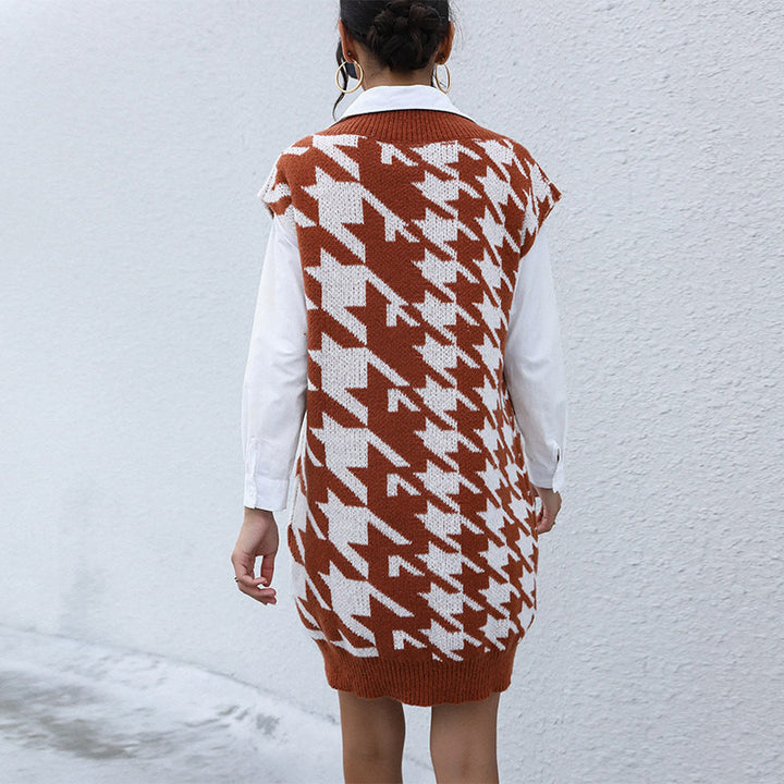 Damen Longline Strick‑Tunikaweste mit Hahnentritt‑Jacquard und tiefem V‑Ausschnitt Echoarchiv
