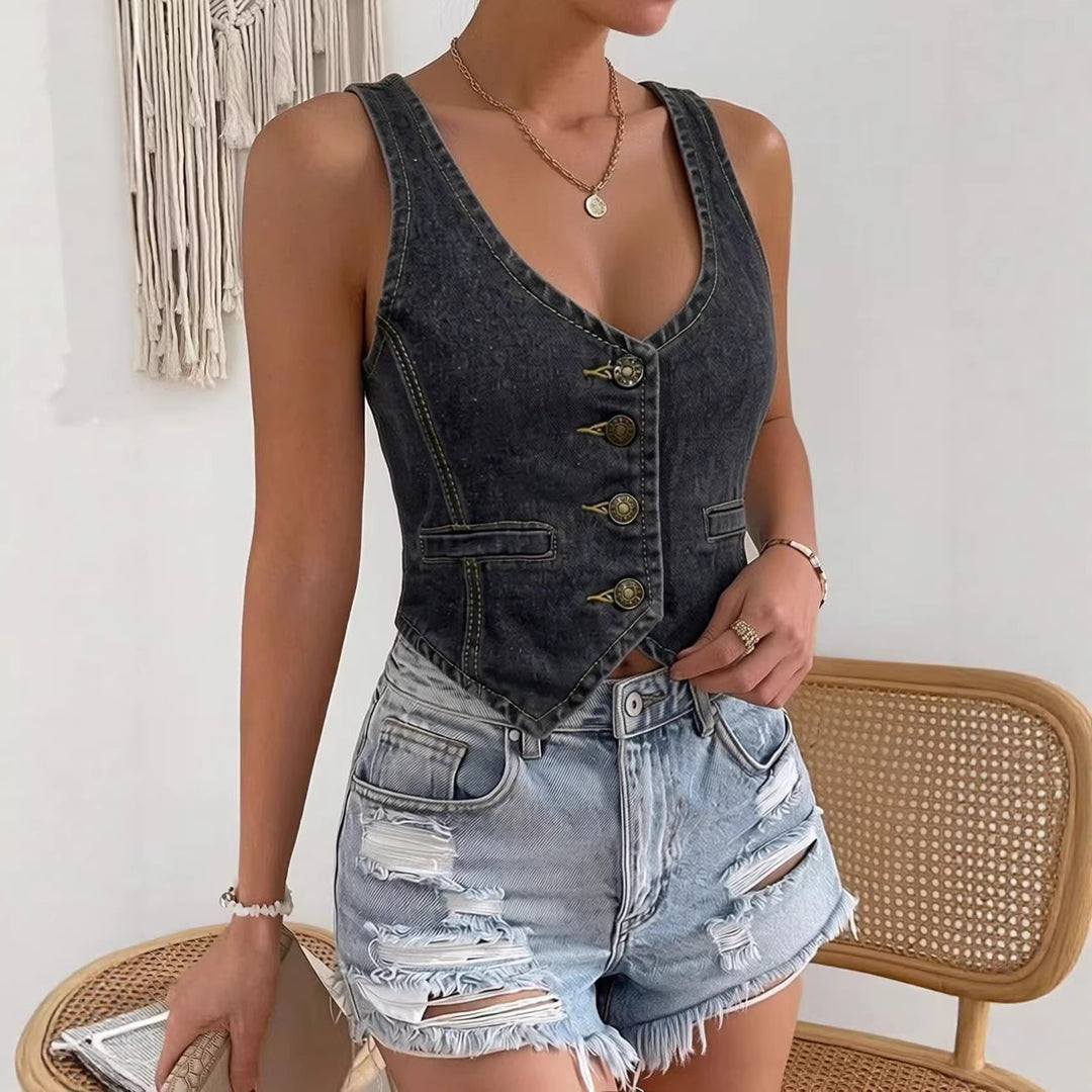 Damen Denim Bustier-Top mit Knopfdetails und verlängerter Silhouette Echo Archiv