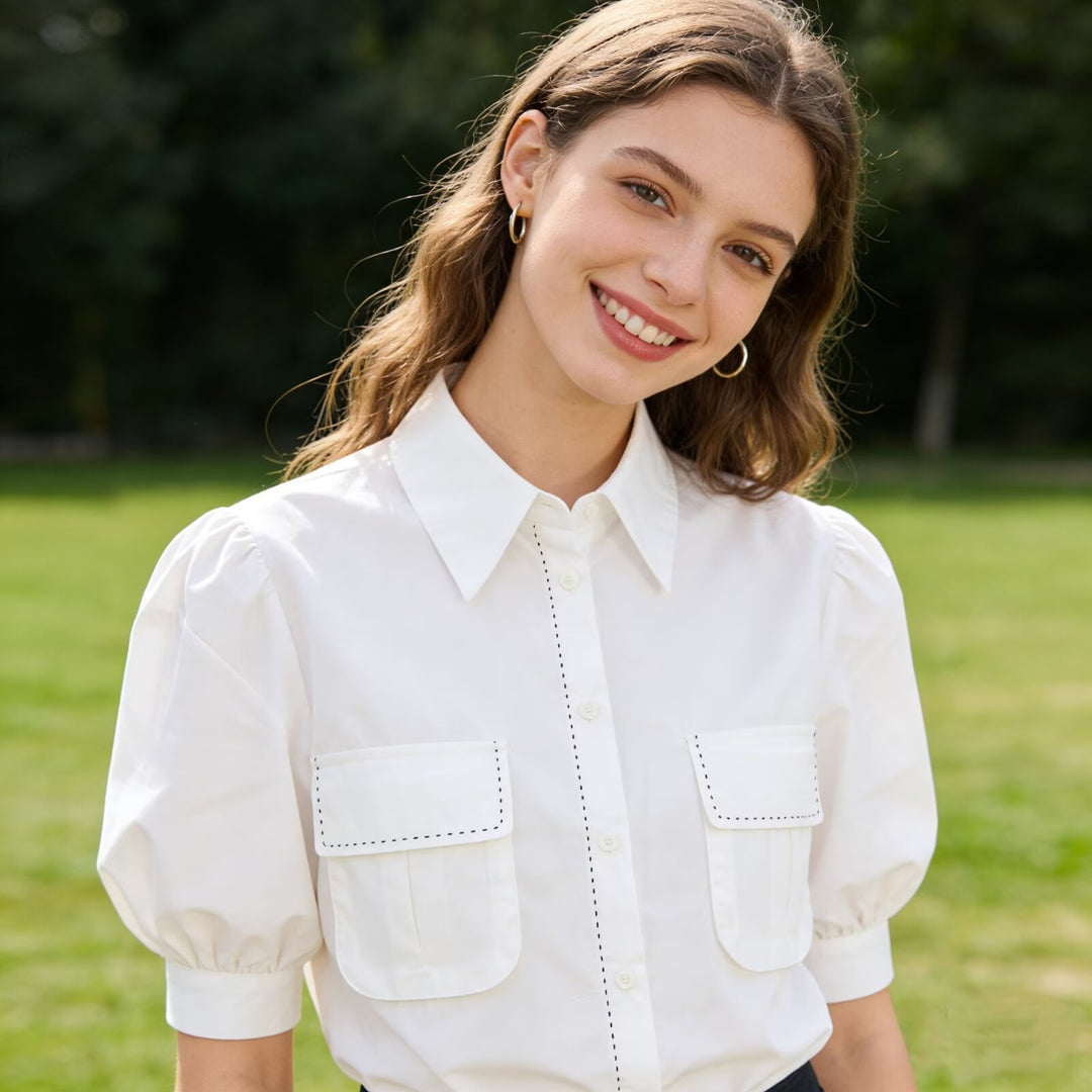 Damen Hemdbluse mit Puffärmeln, aufgesetzten Brusttaschen und dekorativer Naht Echoarchiv