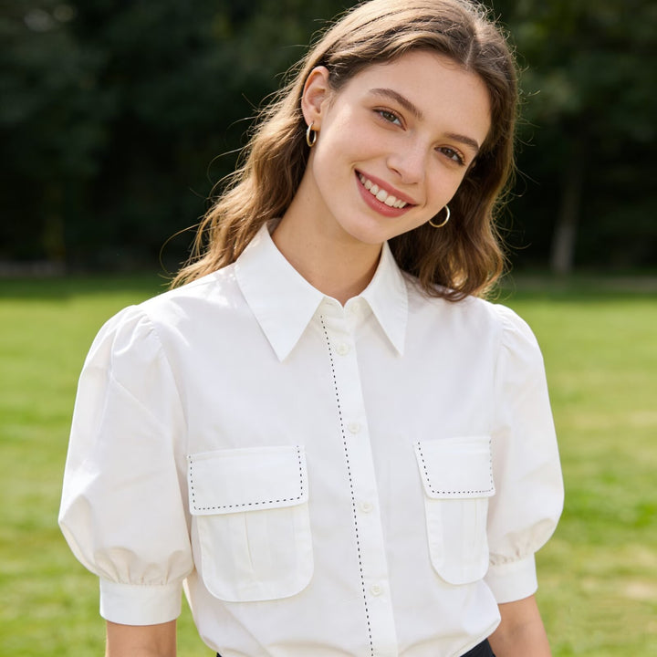 Damen Hemdbluse mit Puffärmeln, aufgesetzten Brusttaschen und dekorativer Naht Echoarchiv