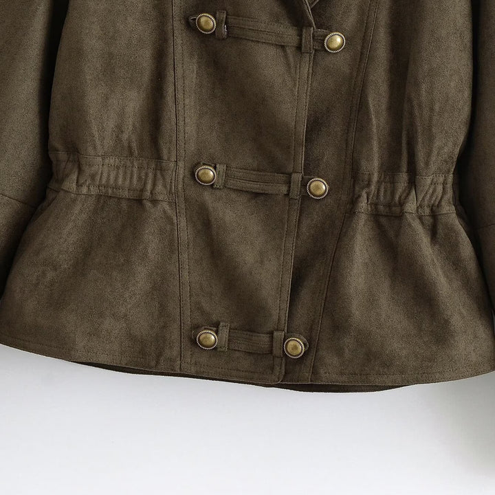 Damen Cropped Wildlederoptik-Jacke mit Schalkragen, Taillenraffung und dekorativen Knebelknöpfen Echoarchiv