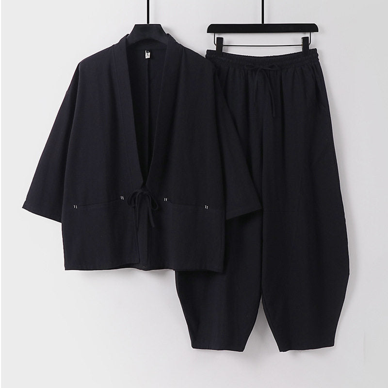 Unisex Modernes Kimono-Lounge-Set aus weichem Baumwollmix mit Kurzjacke, Tunnelzug-Hose und gerafften Knöcheln Echoarchiv