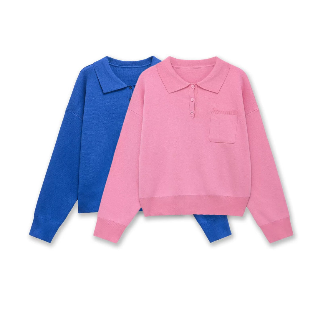 Damen Strick-Polo-Pullover mit Knopfleiste, Brusttasche und überschnittener Schulter Echo Archiv