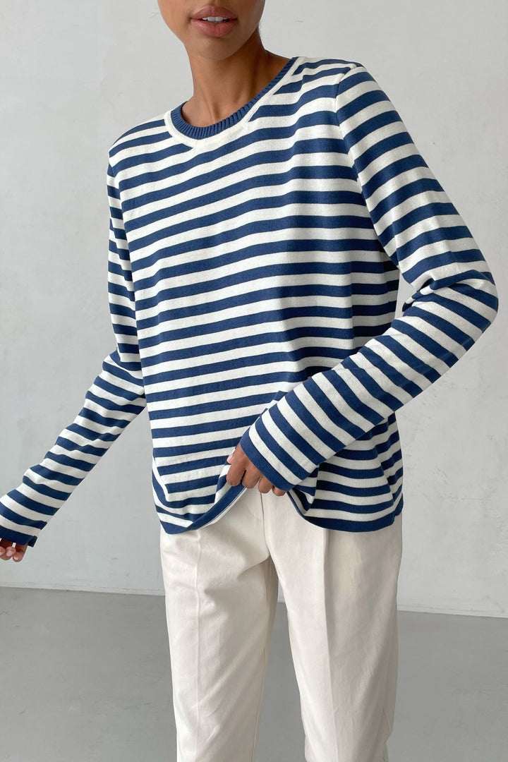 Damen nan gestreifter Baumwollpullover mit Rundhals und legerer Passform Echo Archiv