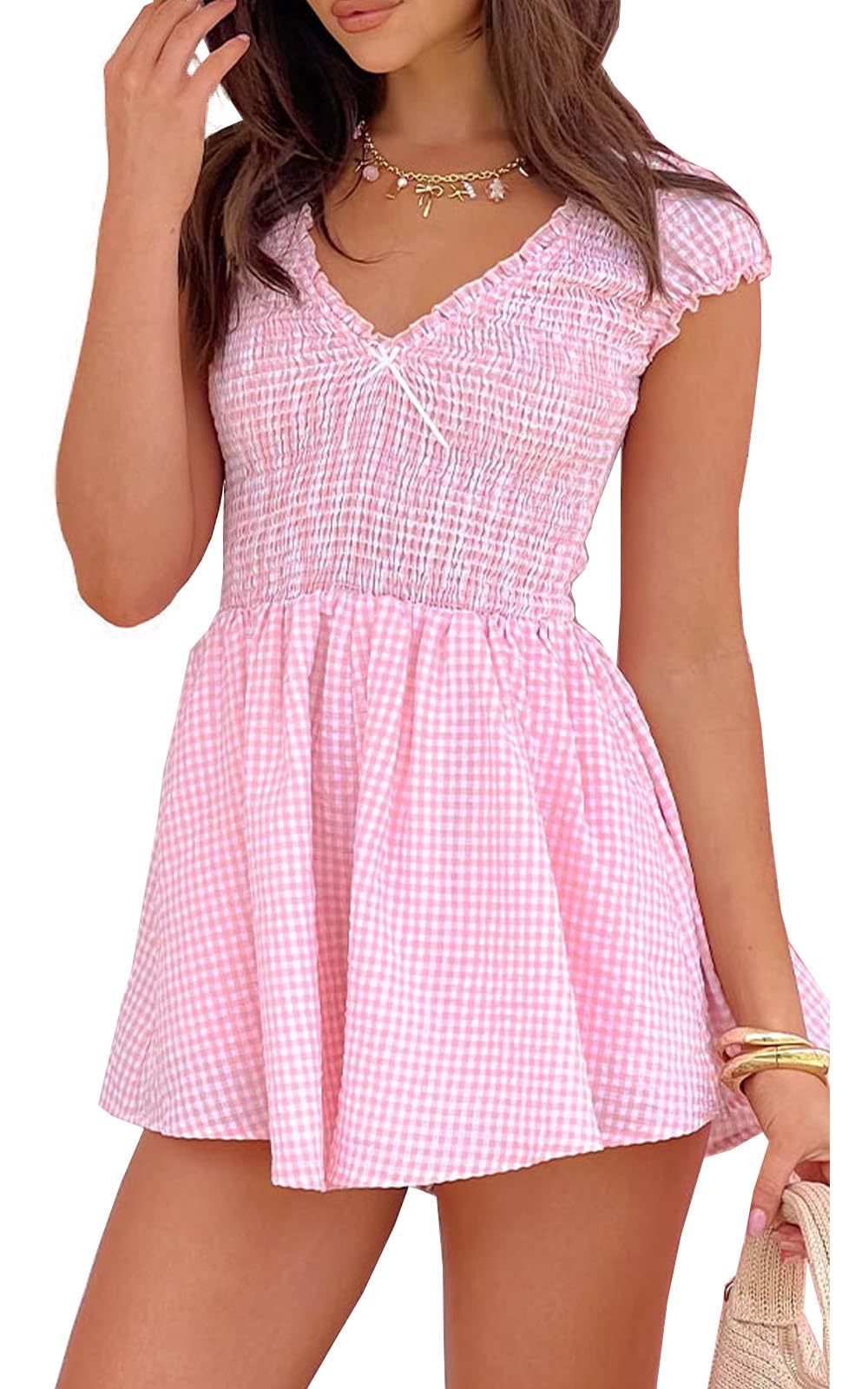 Damen Eingekräuseltes Kurzkleid mit V-Ausschnitt und Rüschendetails Echo Archiv