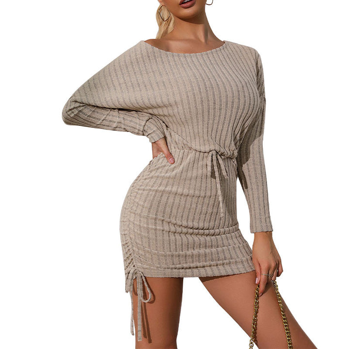Damen Geripptes Minikleid mit Tunnelzug-Taillenband und seitlicher Kordelraffung Echoarchiv