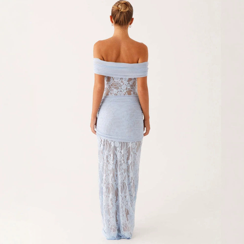 Damen Elegant drapiertes Spitzenkleid mit off-shoulder Design Echo Archiv