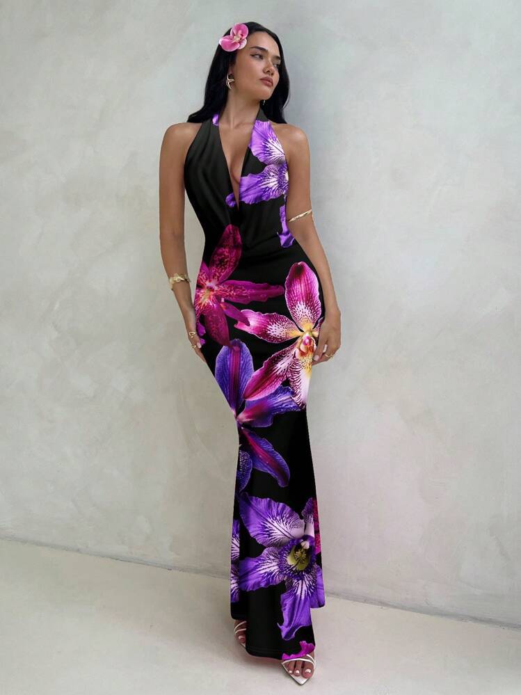 Damen ElegantesMaxikleid mit raffiniertem Blumendruck und tiefem V-Ausschnitt Echo Archiv