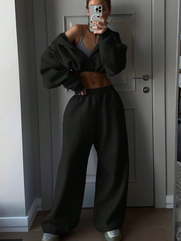 Damen nan kurzes Zip-Hoodie Cropped Sweatshirt mit Kordelzug, angesetzten Ballonärmeln und elastischem Saum Echo Archiv