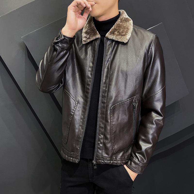 Herren Elegante Kunstleder‑Bomberjacke mit wärmendem Teddykragen & Zwei-Wege‑Reißverschluss Echoarchiv
