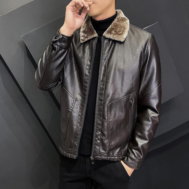 Herren Elegante Kunstleder‑Bomberjacke mit wärmendem Teddykragen & Zwei-Wege‑Reißverschluss Echoarchiv