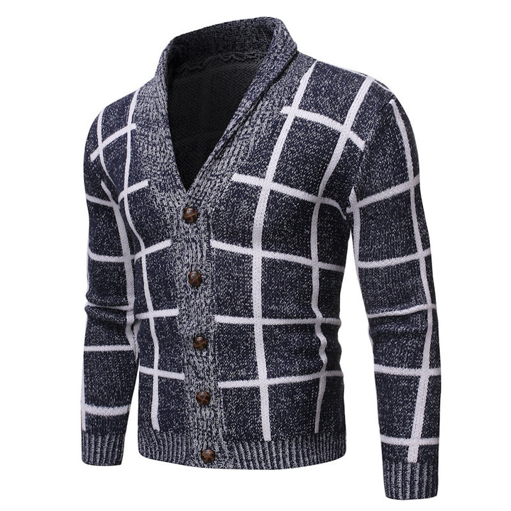 Herren modische Strickjacke mit V-Ausschnitt und modernem Karomuster Echoarchiv