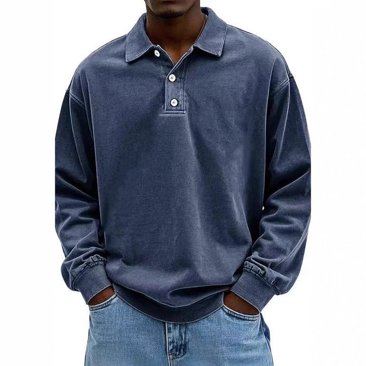 Herren nan lässiges Poloshirt-Sweatshirt mit Kragen, Vintage-Waschung und dreiteiliger Knopfleiste Echo Archiv