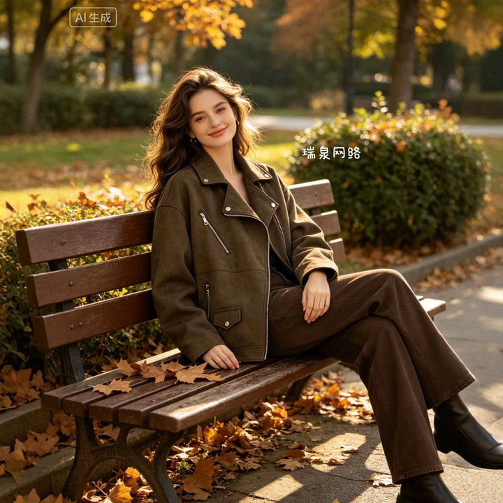 Damen Bikerjacke im Oversized Wildlederoptik mit asymmetrischem Reißverschluss Echoarchiv