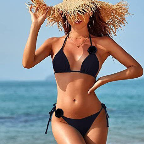 Damen Triangel-Bikini mit verspielten Blütenapplikationen und verstellbaren Bindebändern Echo Archiv