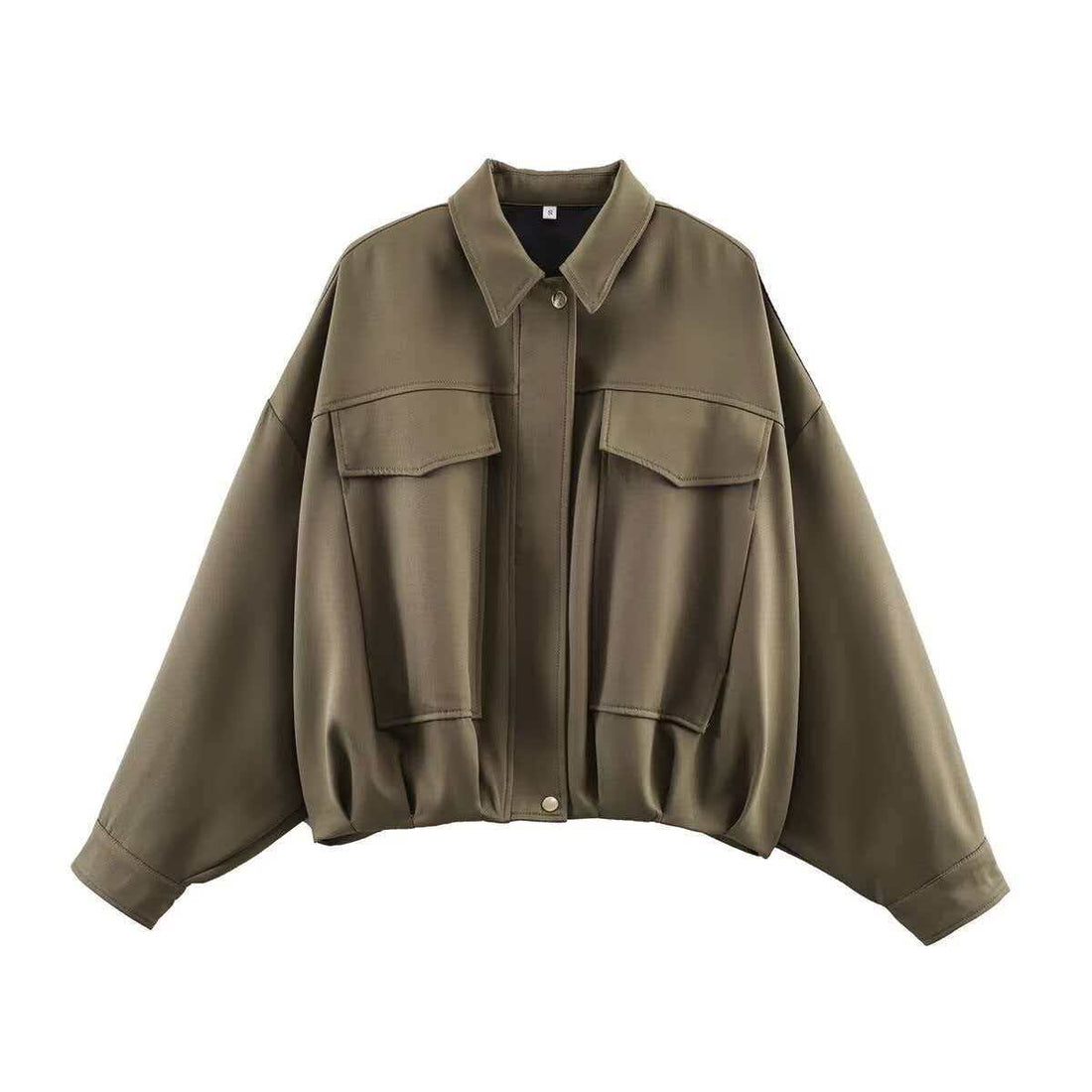 Damen oversized kurze Utility-Blousonjacke mit Hemdkragen, großen aufgesetzten Pattentaschen und tailliertem Bündchen – Célinea