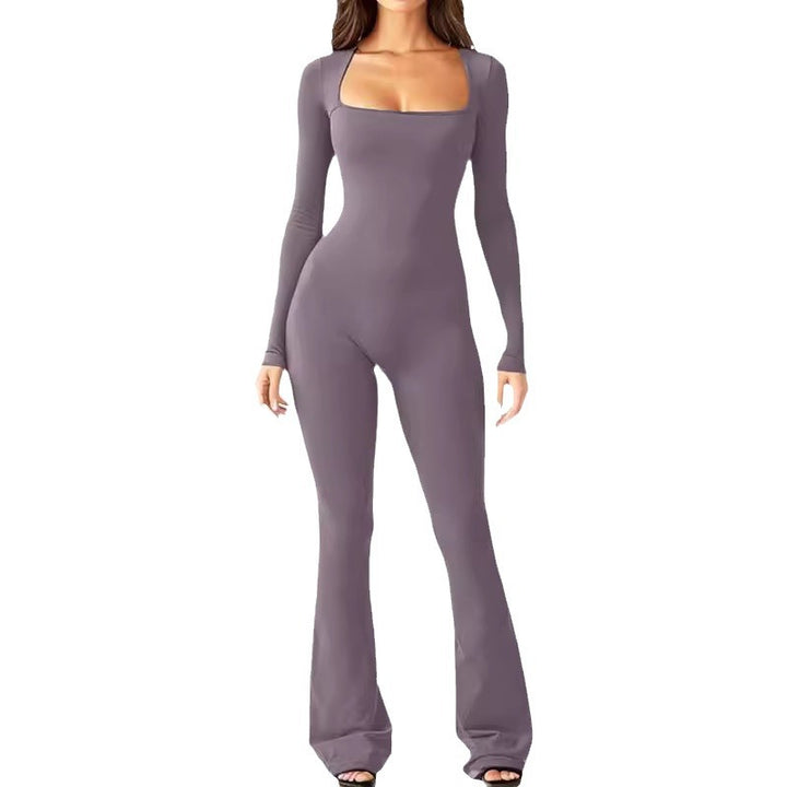 Damen nan figurbetonter Langarm-Jumpsuit mit quadratischem Ausschnitt und ausgestellter Schlaghose Echo Archiv