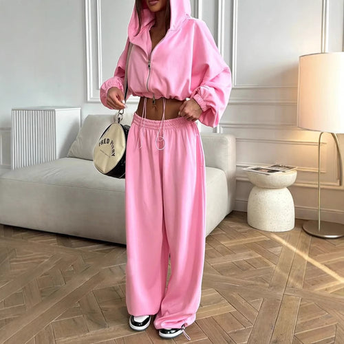 Damen nan kurzes Reißverschluss-Cropped-Hoodie und weitgeschnittene Highwaist-Loungehose Set Echo Archiv