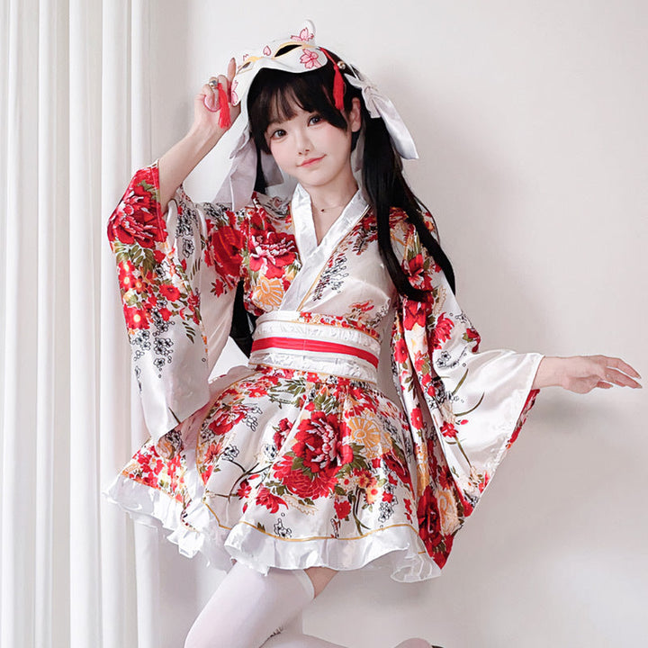 Damen traditionelles Kimono-Kleid mit fließendenÄrmeln und floralem Muster Echo Archiv