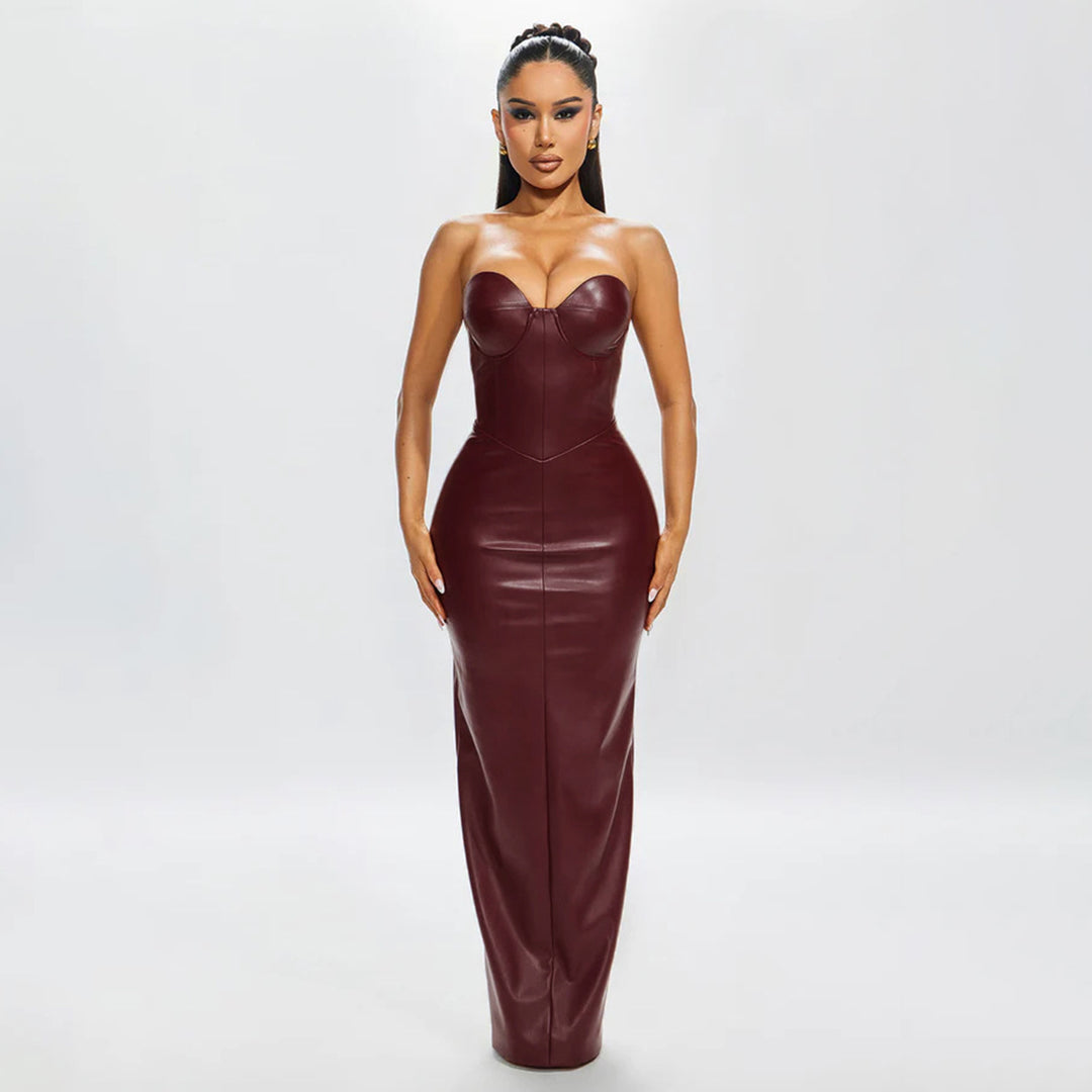 Damen figurbetontes Kunstlederkleid mit herzförmigem Ausschnitt und elegantem Schnitt Echo Archiv