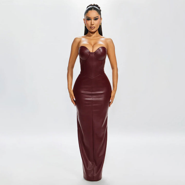 Damen figurbetontes Kunstlederkleid mit herzförmigem Ausschnitt und elegantem Schnitt Echo Archiv