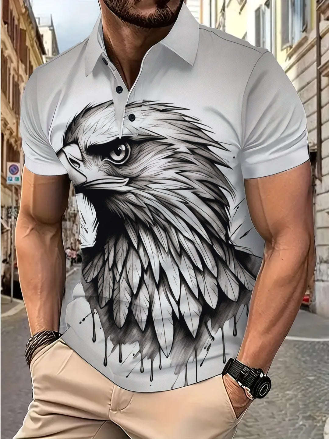 Herren Poloshirt mit eindrucksvollem Greifvogel-Motiv Echoarchiv