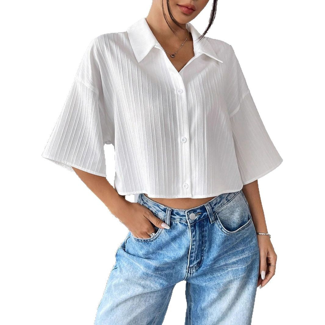 Damen nan weite Kurzbluse mit Hemdkragen und feiner Plissee-Struktur Echo Archiv