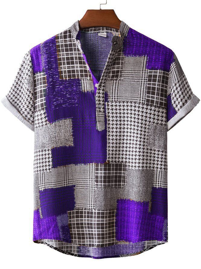 Herren Kurzarmhemd mit kreativem Patchwork-Design und stylischem Henley-Ausschnitt Echoarchiv
