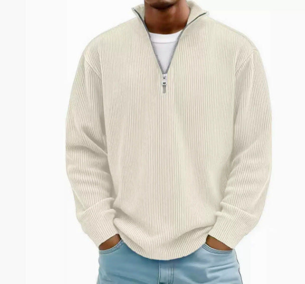 Herren Gerippter Halbzip-Strickpullover mit Stehkragen und lockerer Passform Echoarchiv