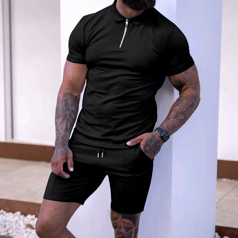 Herren modisches Polo- und Shorts-Set mit strukturiertem Gewebe und funktionalem Reißverschluss Echoarchiv