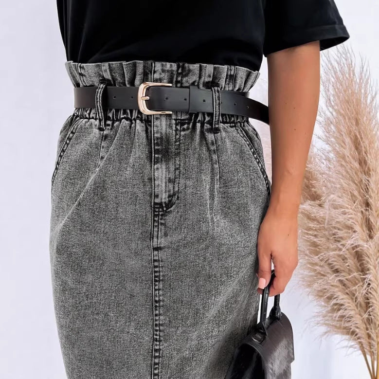 Damen Hochtaillierter Paperbag-Denim-Midirock mit Frontschlitz und Bindegürtel Echo Archiv