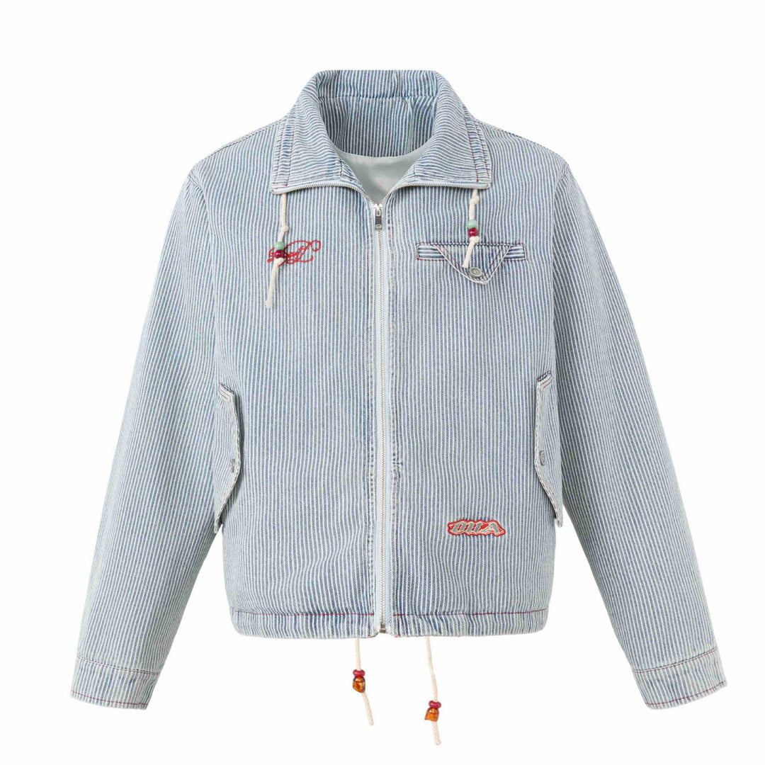 Unisex Kurze gestreifte Denim-Blousonjacke mit Zierkordeln Echoarchiv